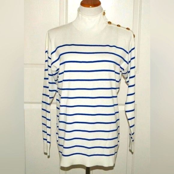 Lauren Ralph Lauren Sweaters - RL NWT White/Blue Stripe w/ Gold Logo Button Trim pullover casual sweater plus